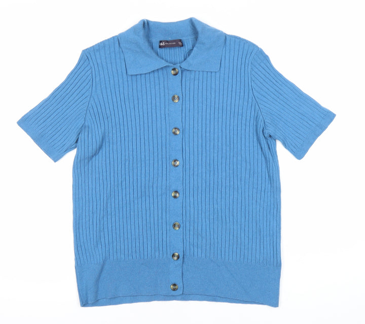 Marks and Spencer Women Blue Medium Collared Button-Up Short Sleeve Top
