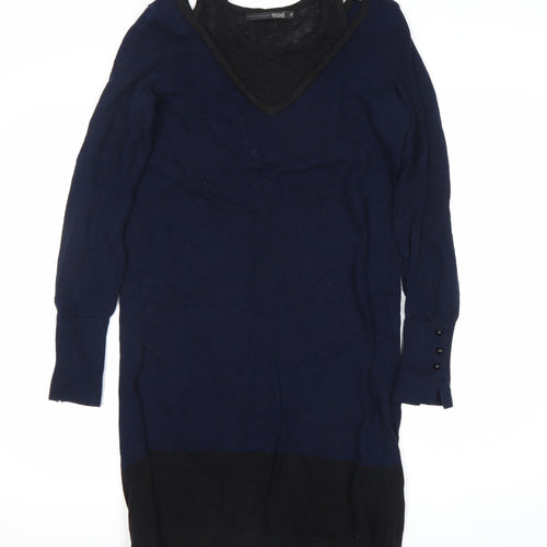 Trend Women’s Blue Black Colourblock Jumper Dress Size 12 Long Sleeve Knit