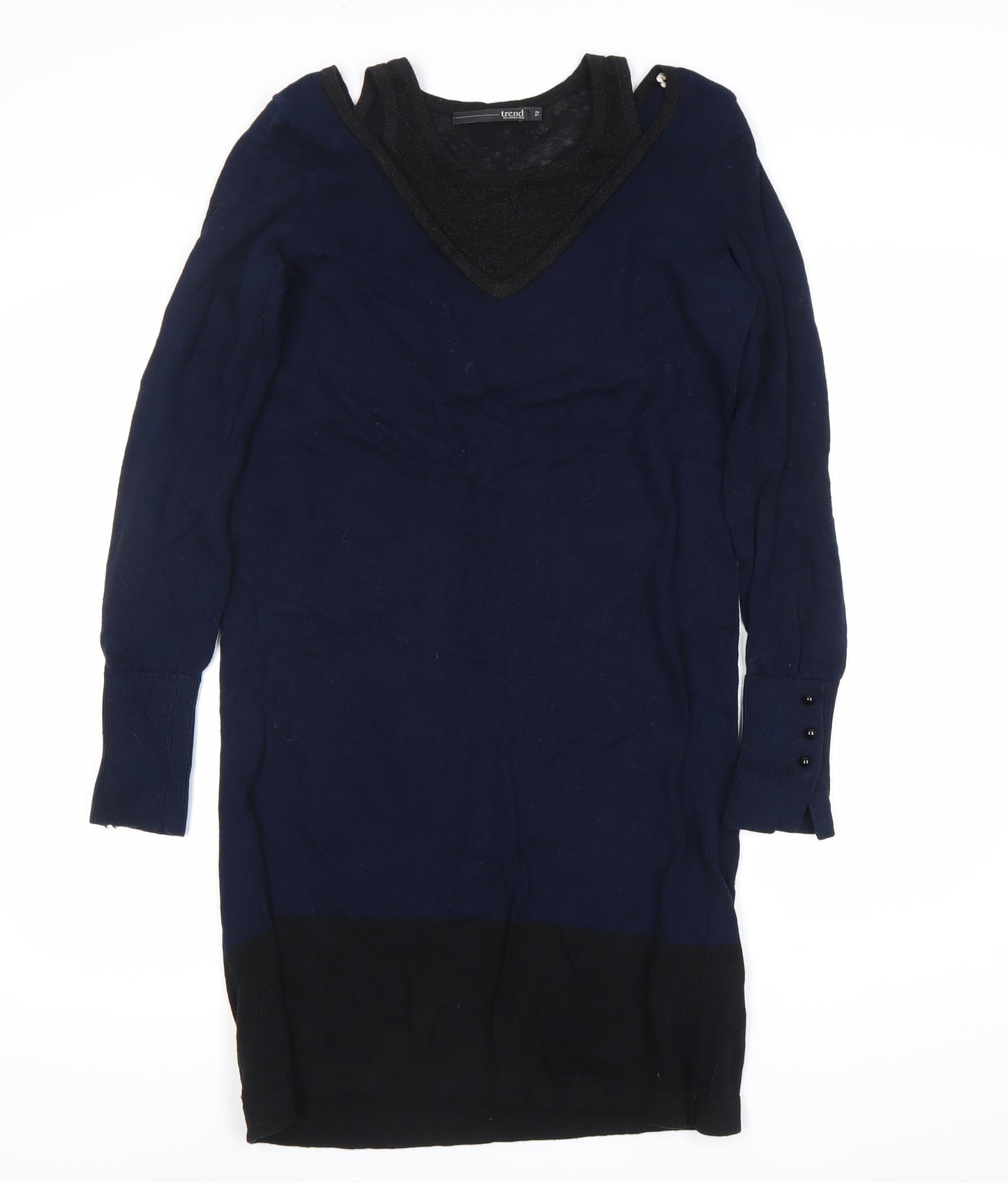 Trend Women’s Blue Black Colourblock Jumper Dress Size 12 Long Sleeve Knit