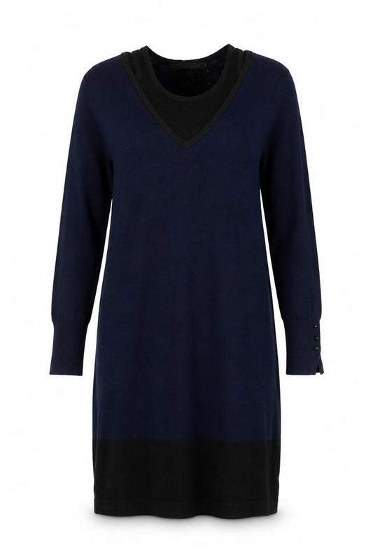 Front view of Trend Women’s Blue Black Colourblock Jumper Dress, size UK 12, Long Sleeve Knit