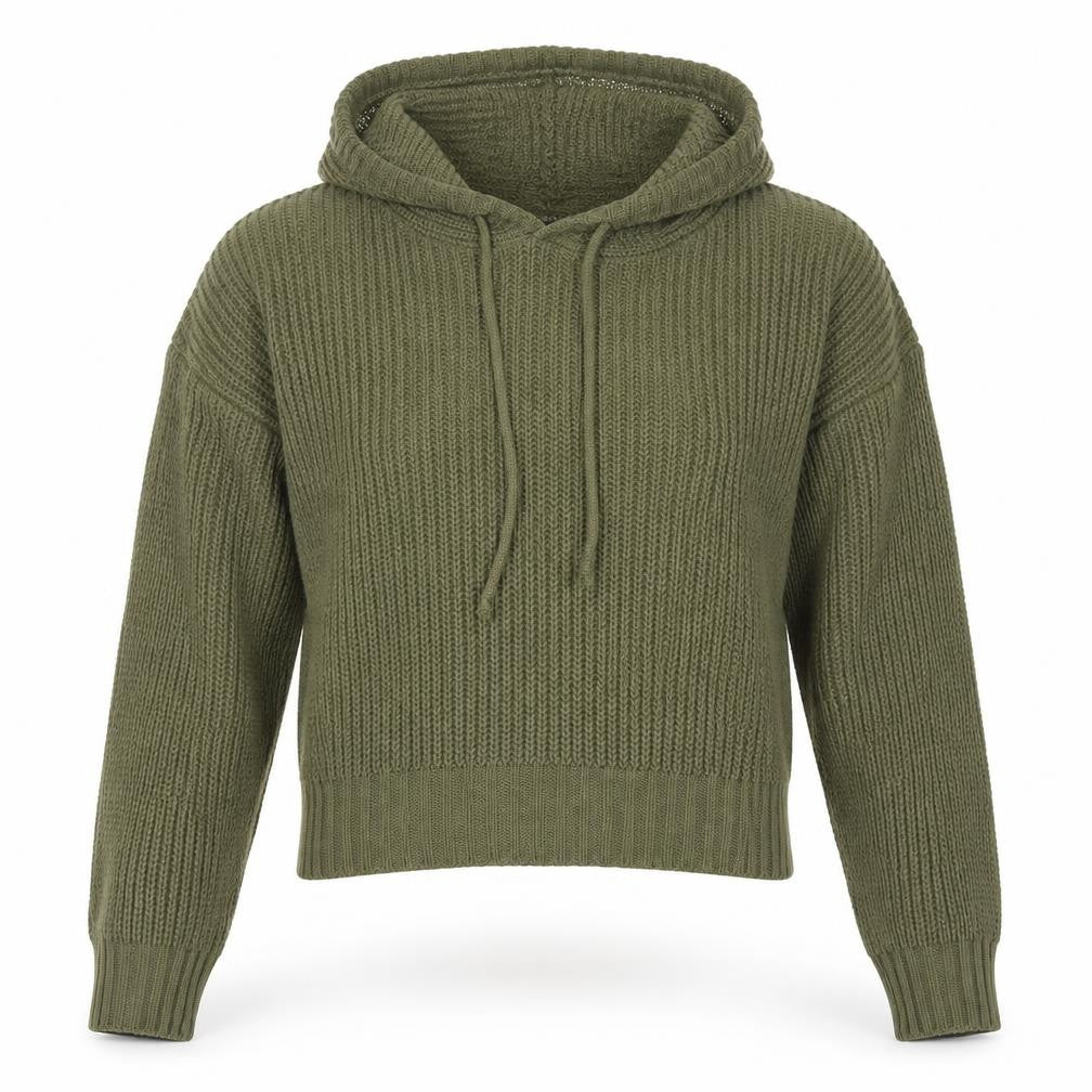 Front view of Select women’s green hooded chunky knit jumper, size S