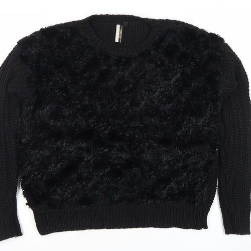 Topshop Womens Black Faux Fur Front Chunky Knit Pullover Jumper Size 8