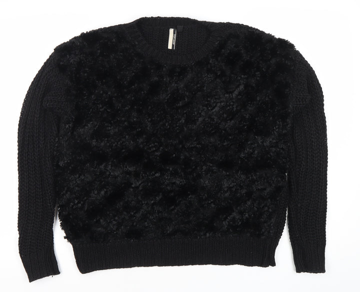 Topshop Womens Black Faux Fur Front Chunky Knit Pullover Jumper Size 8