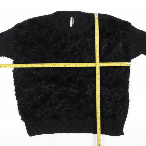 Topshop Womens Black Faux Fur Front Chunky Knit Pullover Jumper Size 8