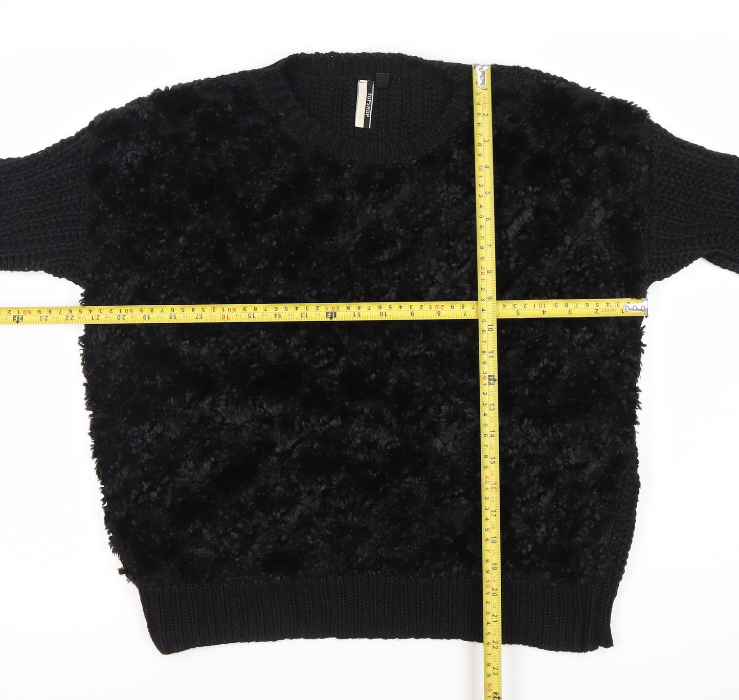 Topshop Womens Black Faux Fur Front Chunky Knit Pullover Jumper Size 8