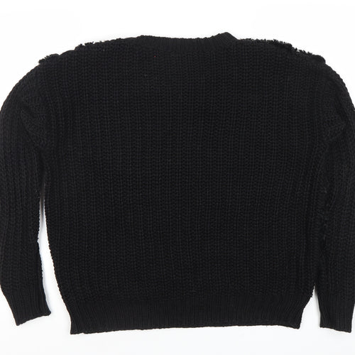 Topshop Womens Black Faux Fur Front Chunky Knit Pullover Jumper Size 8