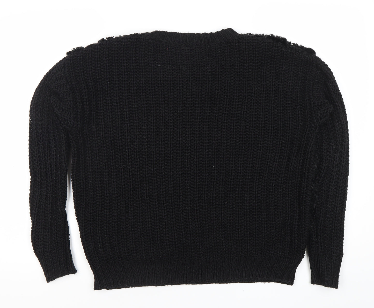 Topshop Womens Black Faux Fur Front Chunky Knit Pullover Jumper Size 8