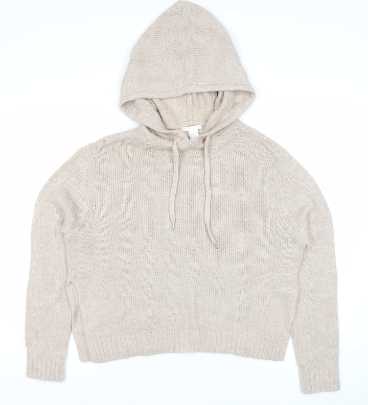 H&M Women’s Beige Hooded Knit Pullover Jumper XS Relaxed Fit