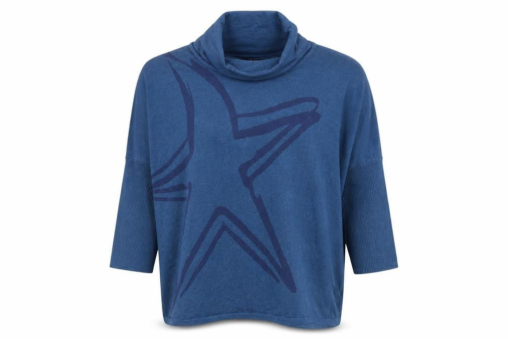 Front view of Marble women’s blue cotton cowl neck star jumper, size L