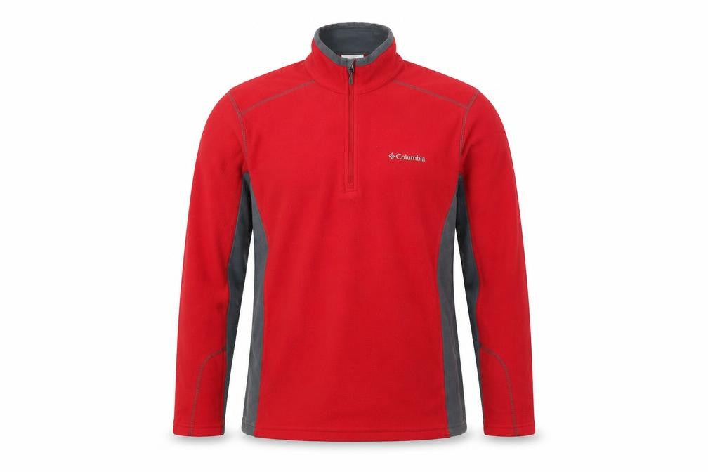 Front view of Columbia men’s red fleece pullover sweatshirt small outdoor hiking