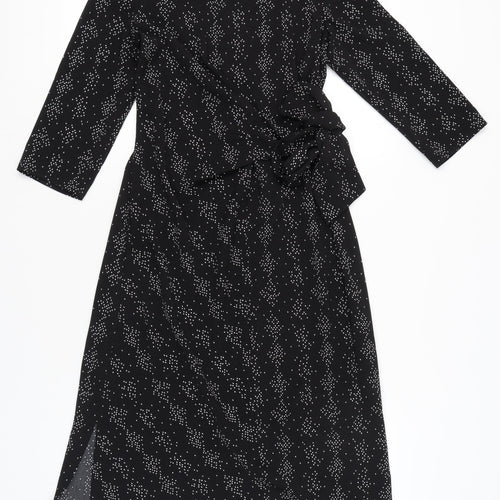 Warehouse Womens Black Geometric Wrap Dress Size 8 Midi 3/4 Sleeve
