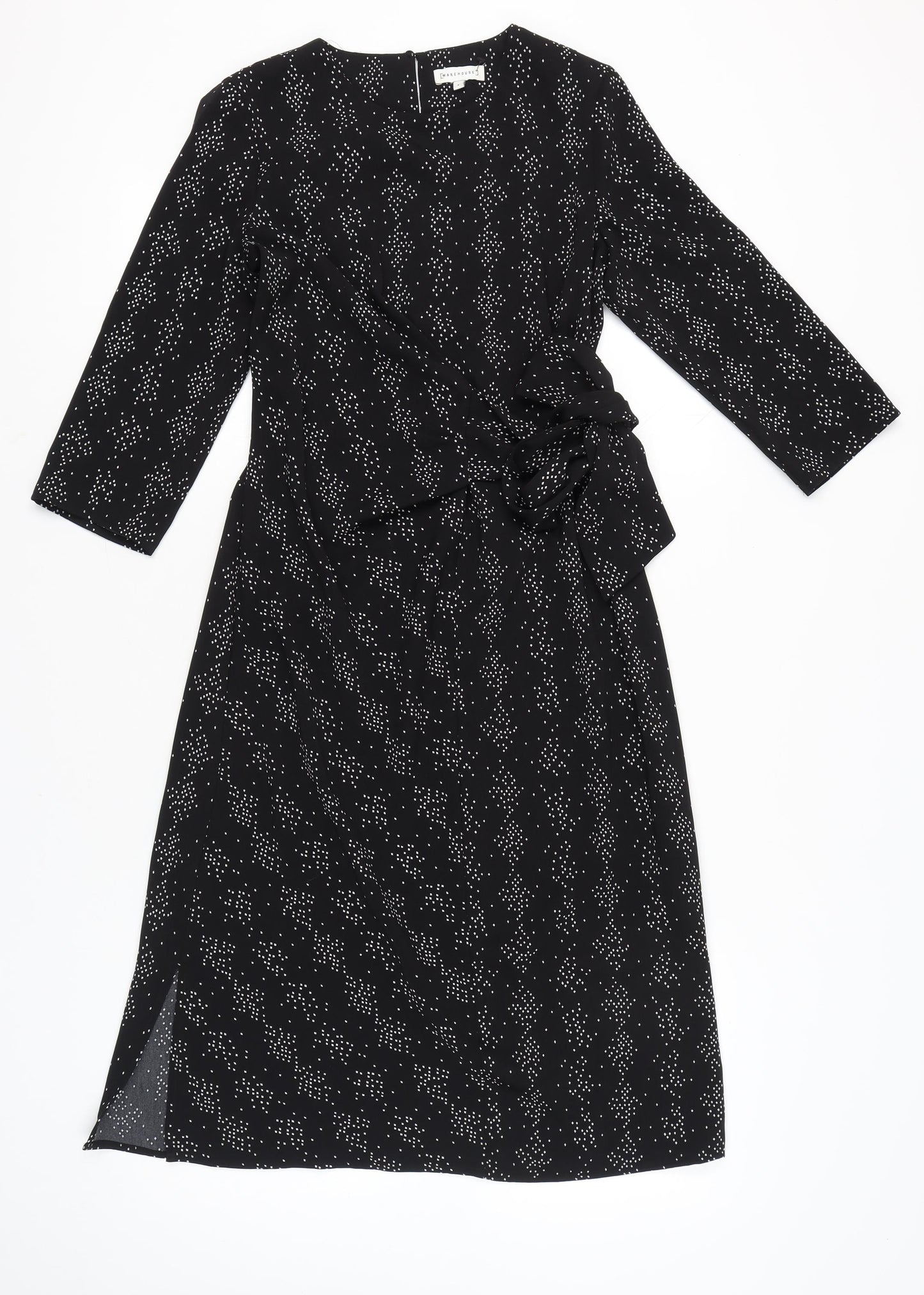 Warehouse Womens Black Geometric Wrap Dress Size 8 Midi 3/4 Sleeve