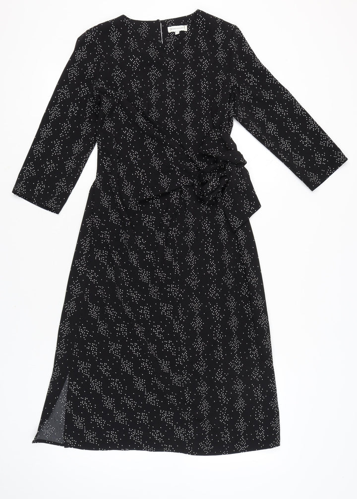 Warehouse Womens Black Geometric Wrap Dress Size 8 Midi 3/4 Sleeve