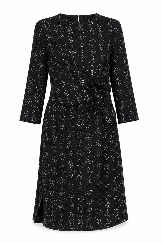 Warehouse Womens Black Geometric Wrap Dress Size 8 Midi 3/4 Sleeve