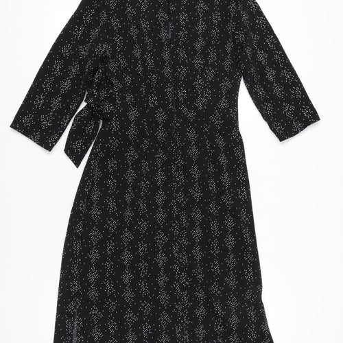 Warehouse Womens Black Geometric Wrap Dress Size 8 Midi 3/4 Sleeve