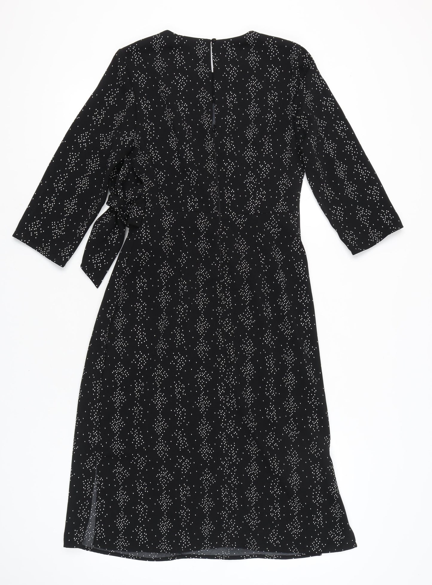 Warehouse Womens Black Geometric Wrap Dress Size 8 Midi 3/4 Sleeve