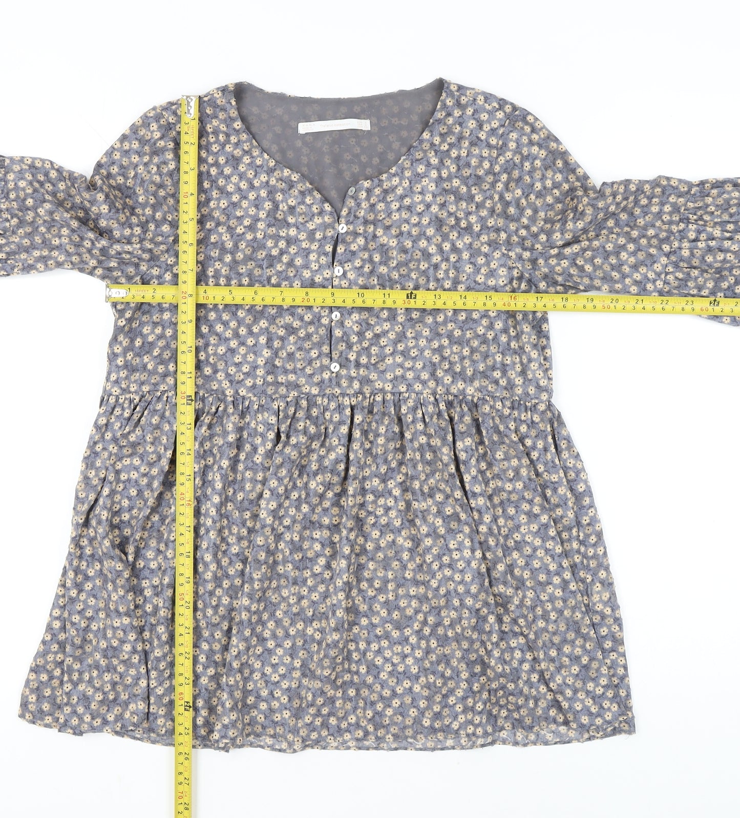 Zara Women’s Grey Floral Tunic Blouse Size 8 Long Sleeve