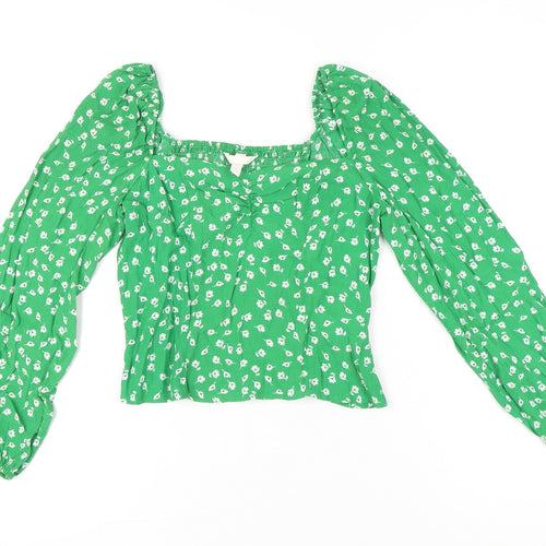 H&M Women’s Green Floral Blouse UK 12 Cropped Long Sleeve Puff Top