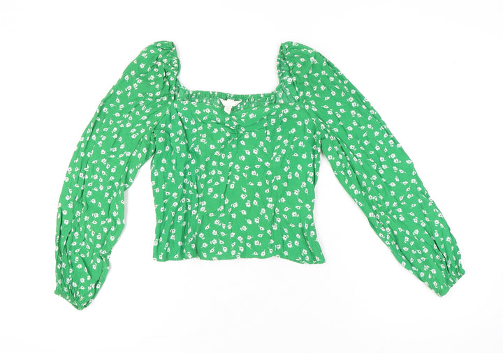 H&M Women’s Green Floral Blouse UK 12 Cropped Long Sleeve Puff Top