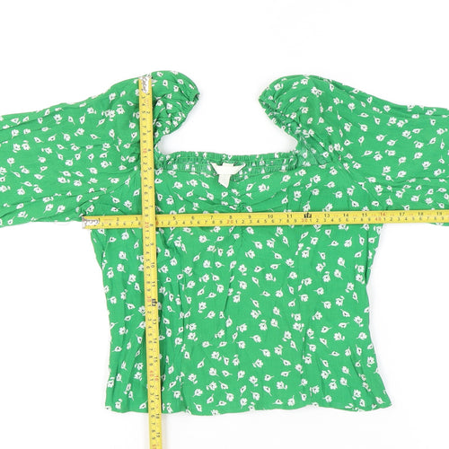 H&M Women’s Green Floral Blouse UK 12 Cropped Long Sleeve Puff Top