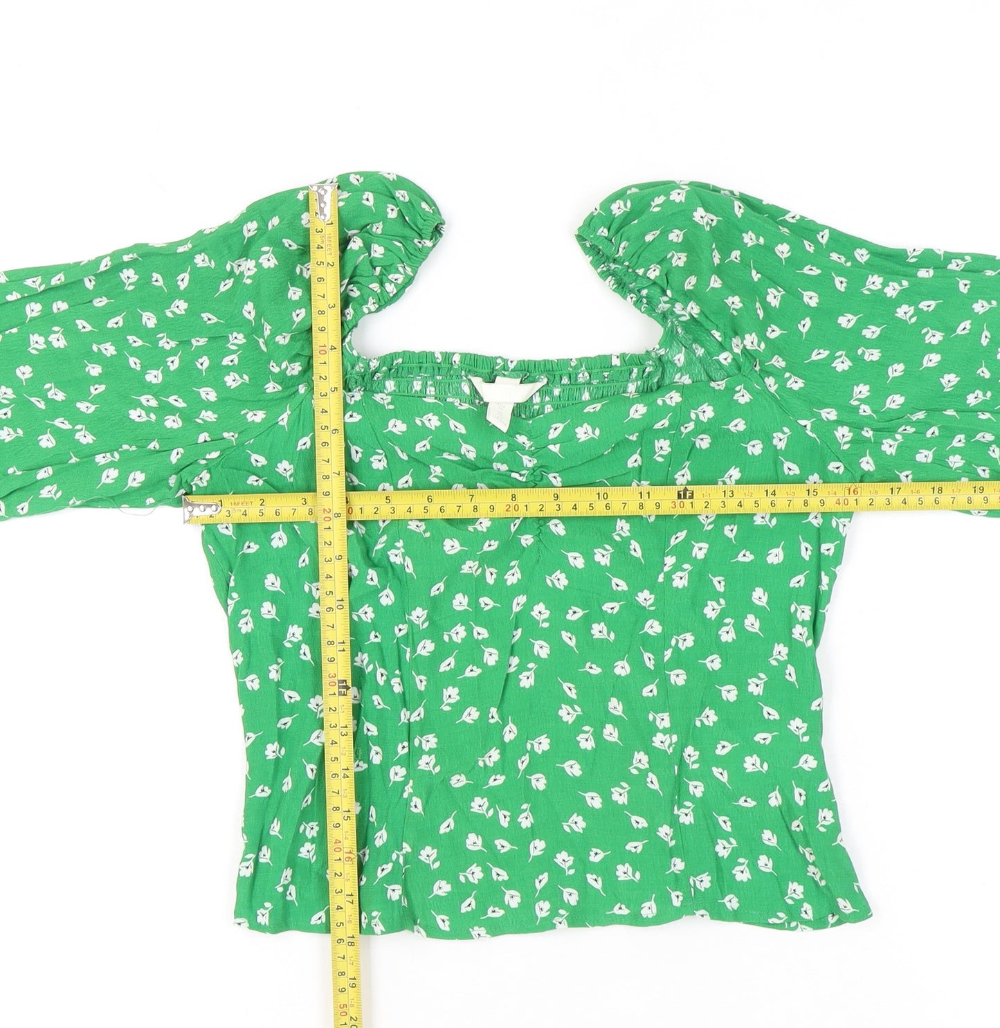 H&M Women’s Green Floral Blouse UK 12 Cropped Long Sleeve Puff Top