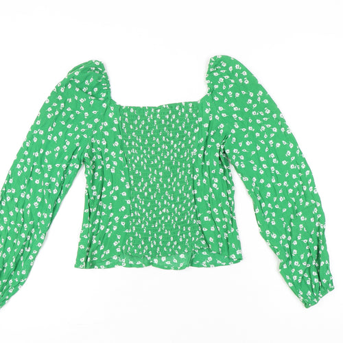 H&M Women’s Green Floral Blouse UK 12 Cropped Long Sleeve Puff Top