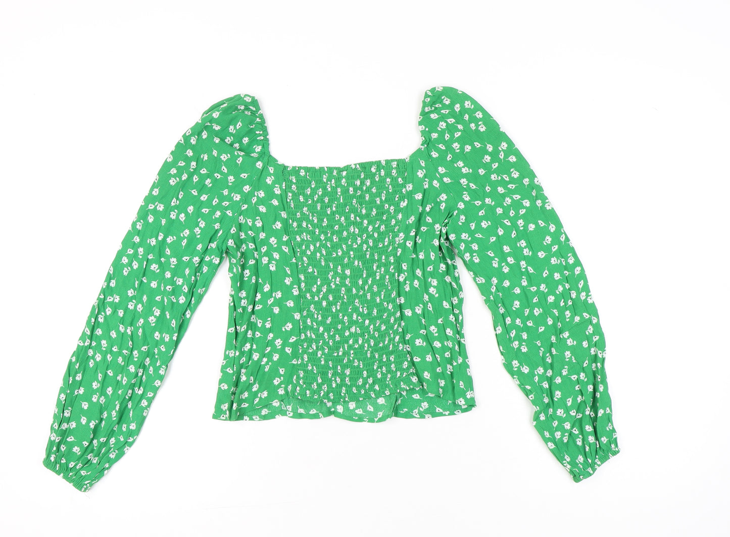 H&M Women’s Green Floral Blouse UK 12 Cropped Long Sleeve Puff Top