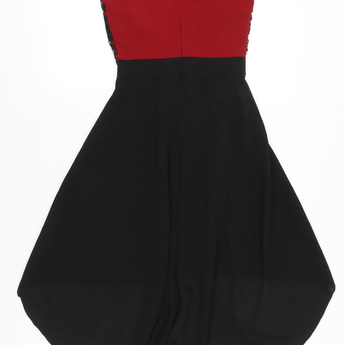 Mela London Women’s Black Red Lace A-Line Hi-Low Dress UK 8