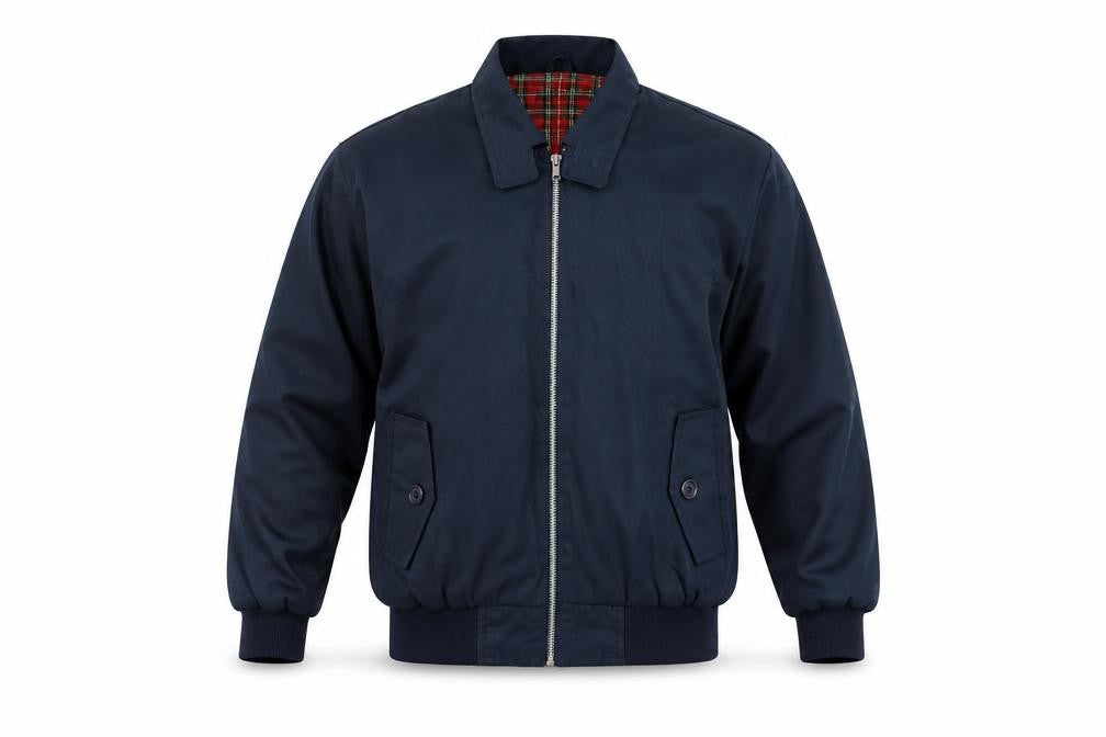 Front view of Cotton Works boys’ navy blue bomber jacket, size 34, collared full zip