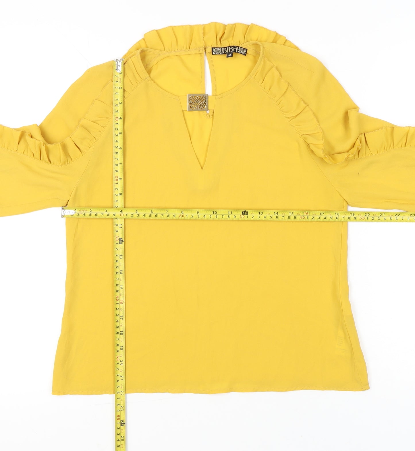 Biba Womens Yellow Ruffle Long Sleeve Tunic Blouse Size 10