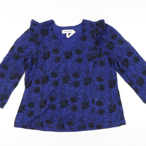 Thought Womens Blue Floral Embroidered Blouse Size 12 Tunic Style