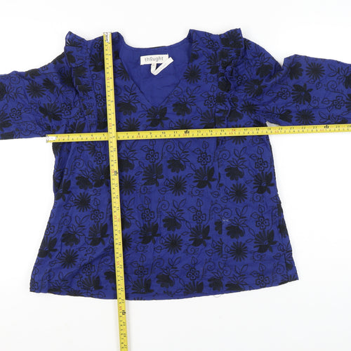 Thought Womens Blue Floral Embroidered Blouse Size 12 Tunic Style
