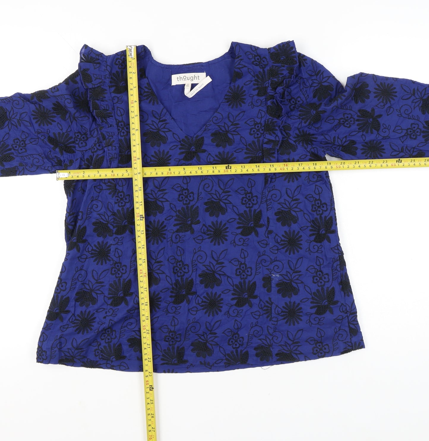Thought Womens Blue Floral Embroidered Blouse Size 12 Tunic Style