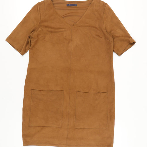 Marks and Spencer Womens Brown Size 12 Shift Dress V-Neck Short Sleeve