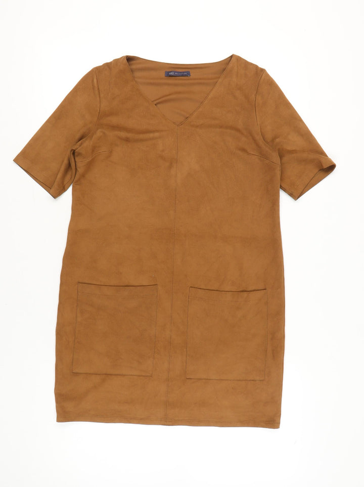 Marks and Spencer Womens Brown Size 12 Shift Dress V-Neck Short Sleeve