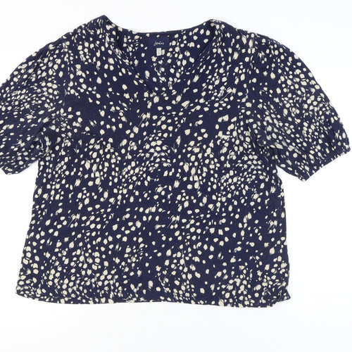 Joules Womens Blue Animal Print Blouse Size 16 V-Neck Puff Sleeve