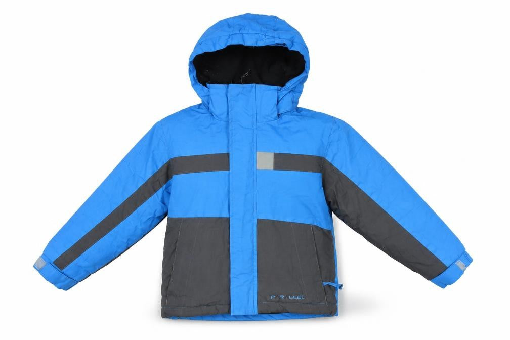 Front view of Parallel boys’ blue grey ski jacket coat hooded 3-4 years winter outdoor