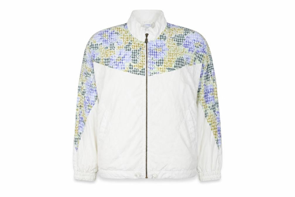 Front view of Anzoni women’s white floral retro bomber jacket, size UK 14