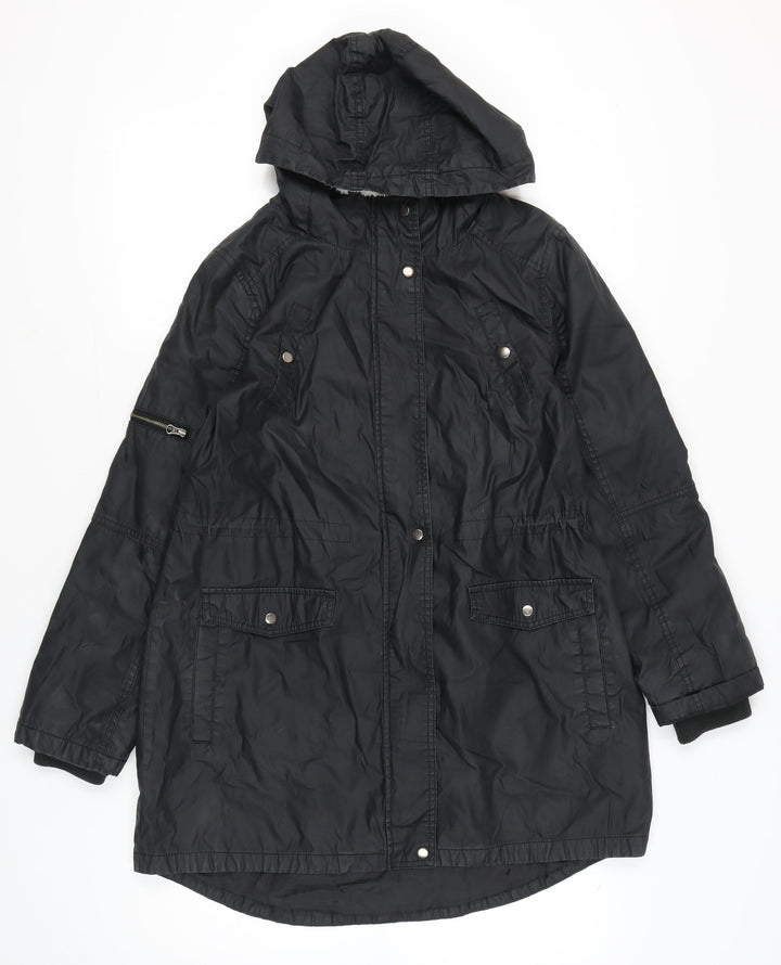 Oasis Women’s Black Parka Coat M Hooded Long Sleeve Cotton Polyester