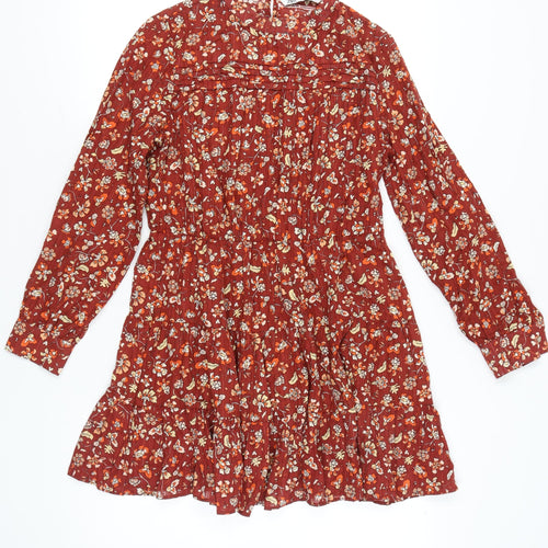 Zara Women Red Floral Cotton Shift Dress Size 14 Long Sleeve