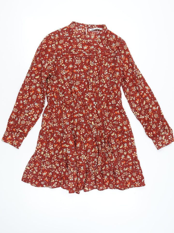 Zara Women Red Floral Cotton Shift Dress Size 14 Long Sleeve