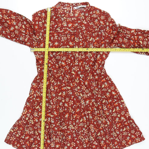 Zara Women Red Floral Cotton Shift Dress Size 14 Long Sleeve