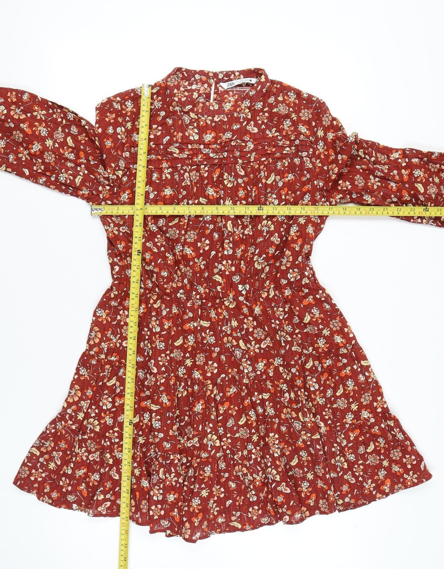 Zara Women Red Floral Cotton Shift Dress Size 14 Long Sleeve