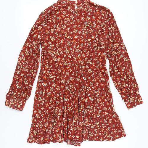 Zara Women Red Floral Cotton Shift Dress Size 14 Long Sleeve