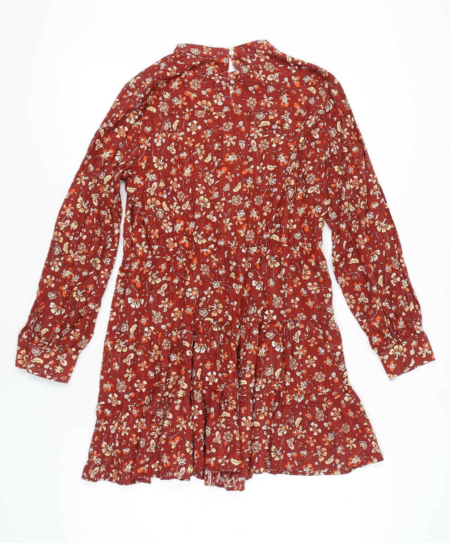 Zara Women Red Floral Cotton Shift Dress Size 14 Long Sleeve