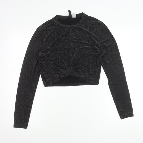 H&M Divided Womens Black Glitter Cropped Long Sleeve Party Top L