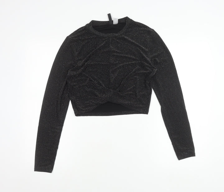 H&M Divided Womens Black Glitter Cropped Long Sleeve Party Top L