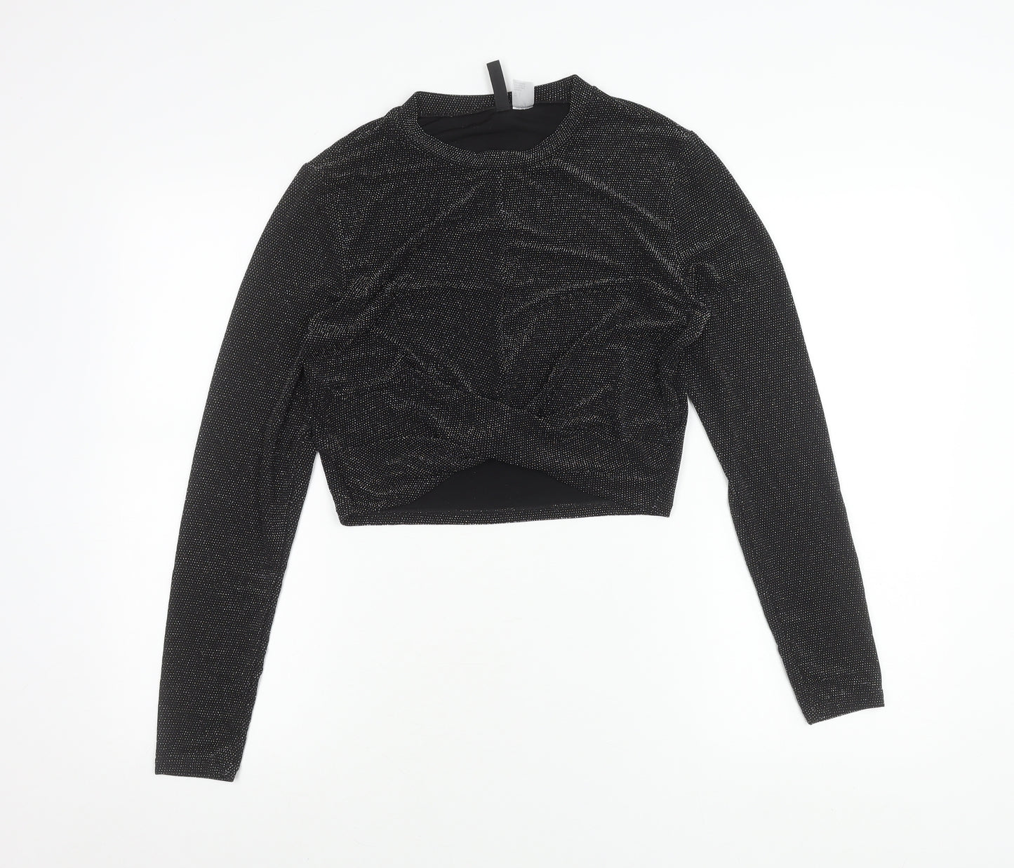 H&M Divided Womens Black Glitter Cropped Long Sleeve Party Top L