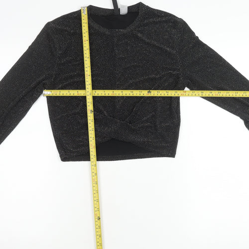 H&M Divided Womens Black Glitter Cropped Long Sleeve Party Top L