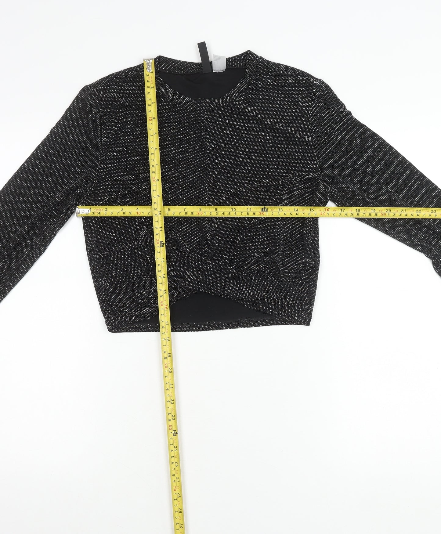 H&M Divided Womens Black Glitter Cropped Long Sleeve Party Top L